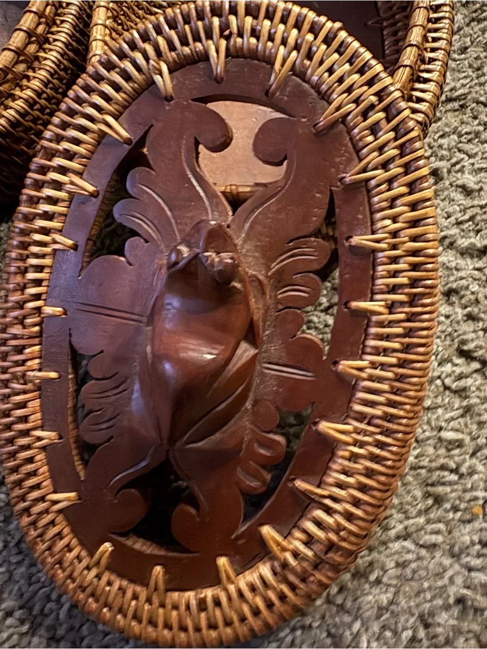 Woven Rattan Jewelry Trinket Boxes with Carved Wood Lids - Brown